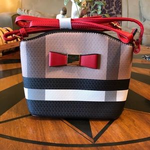 Cute Crossbody NWOT Brown, Black, Red, and Gray Hues w/ Adjustable Red Strap